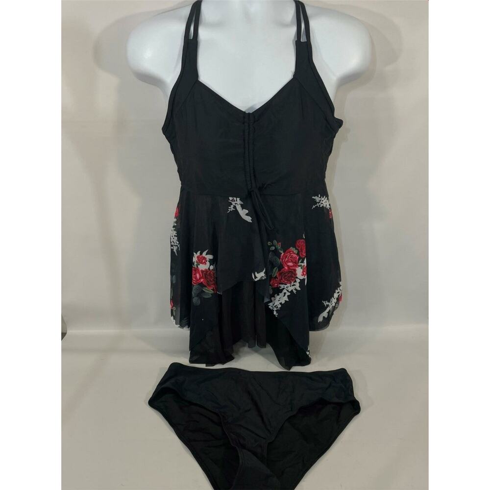 Century Star Womens Tankini L Black Red Floral Roses